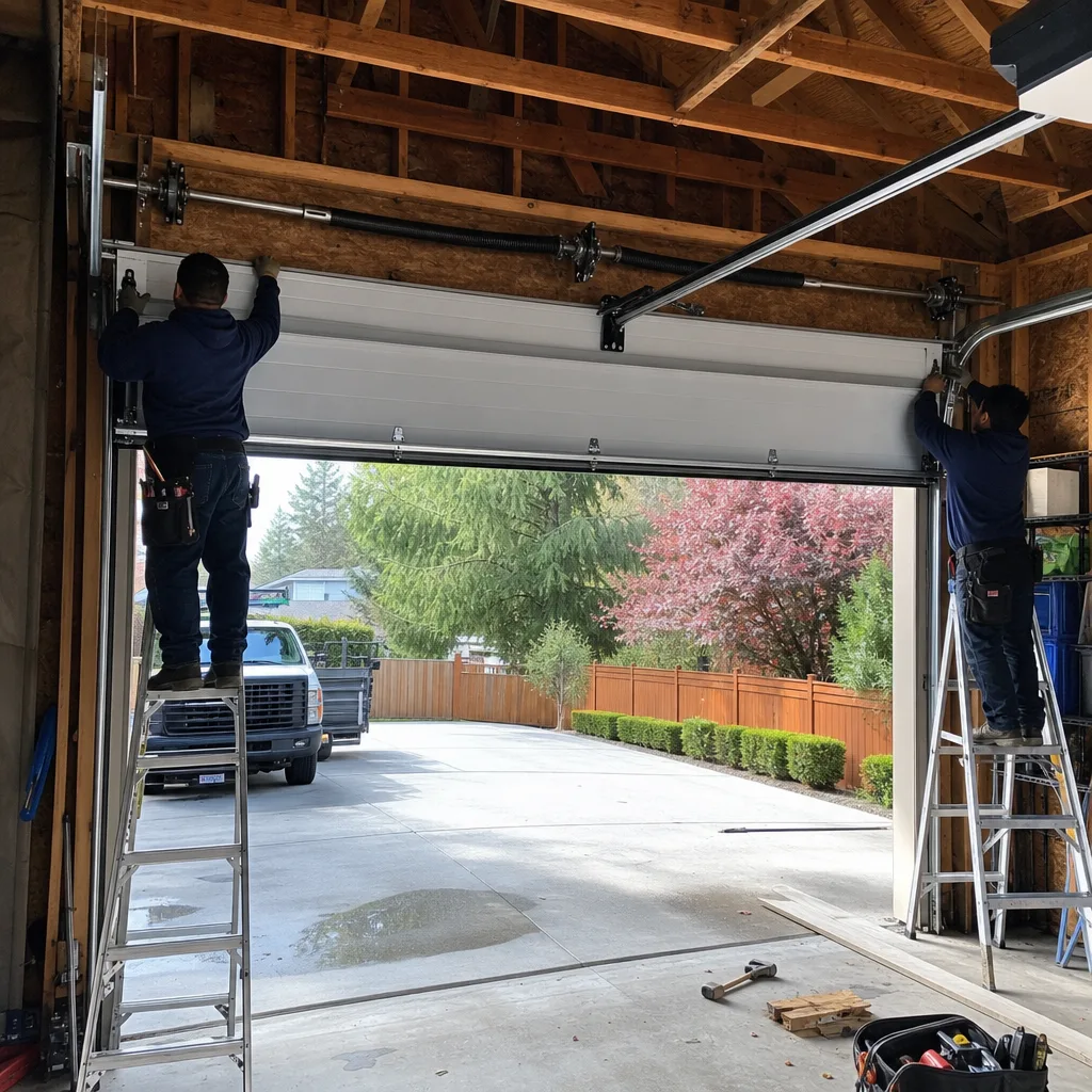 Two professional technicians performing a residential garage door installation on ladders.