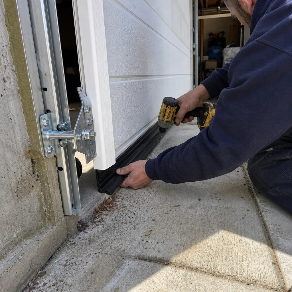 Technician installing rubber bottom weather seal on a garage door