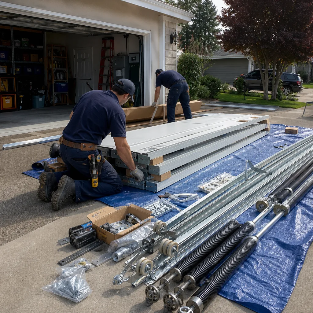 Two technicians professionally installing a new sectional garage door on a driveway