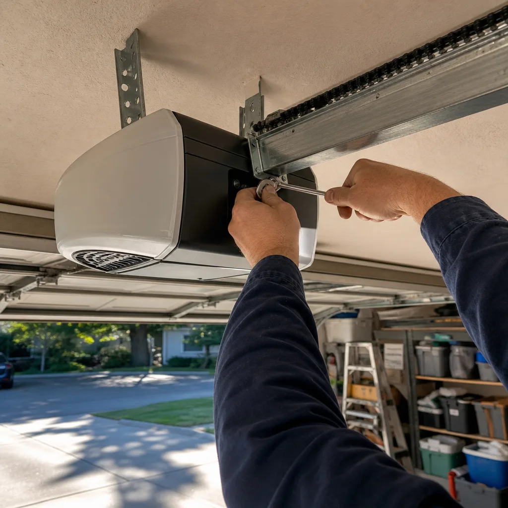 Technician performing garage door opener repair and installation in a residential garage