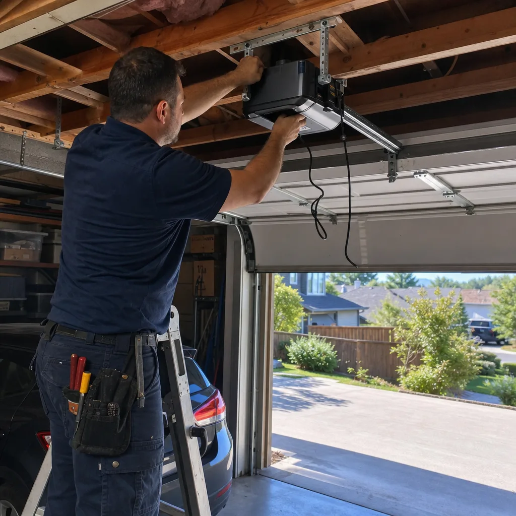 Technician performing professional garage door opener repair and installation