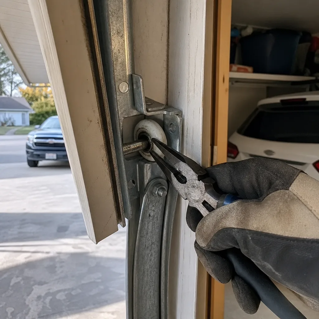 Professional technician performing garage door roller repair and maintenance.