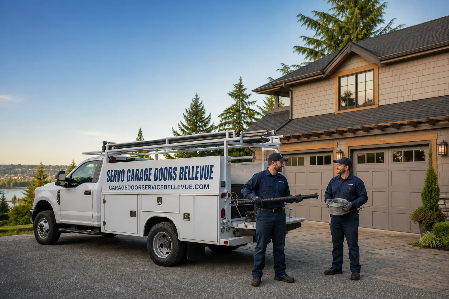 Servo Garage Doors Bellevue garage door service vehicle and crew in Bellevue, WA